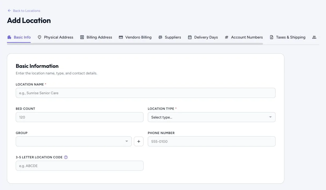 Add Location: basic information first, then address, billing, suppliers, delivery days and more
