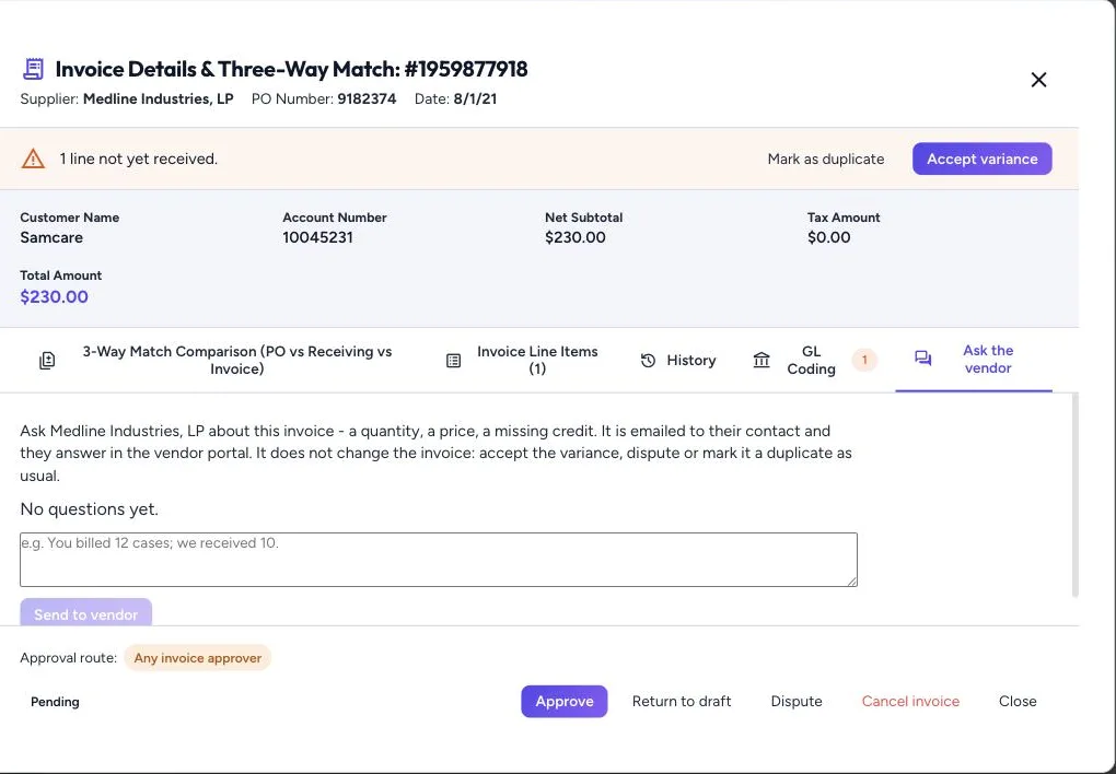 Ask the vendor: a question about the invoice, emailed to the supplier and answered in the vendor portal