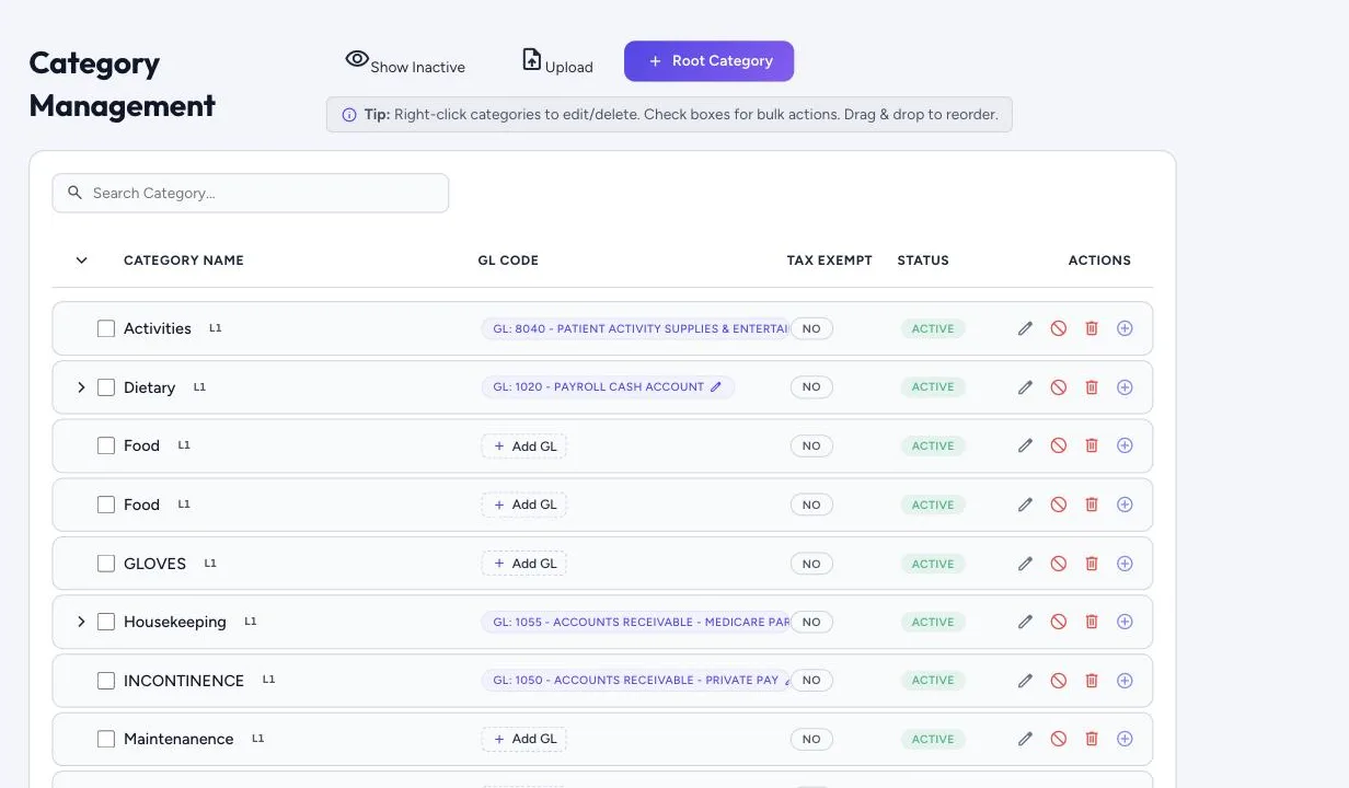 Category management, with a GL code on each category