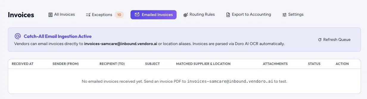 The emailed invoices queue, with your company’s invoice address at the top