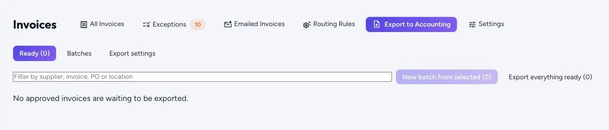 Export to Accounting: approved invoices ready to export, past batches and export settings