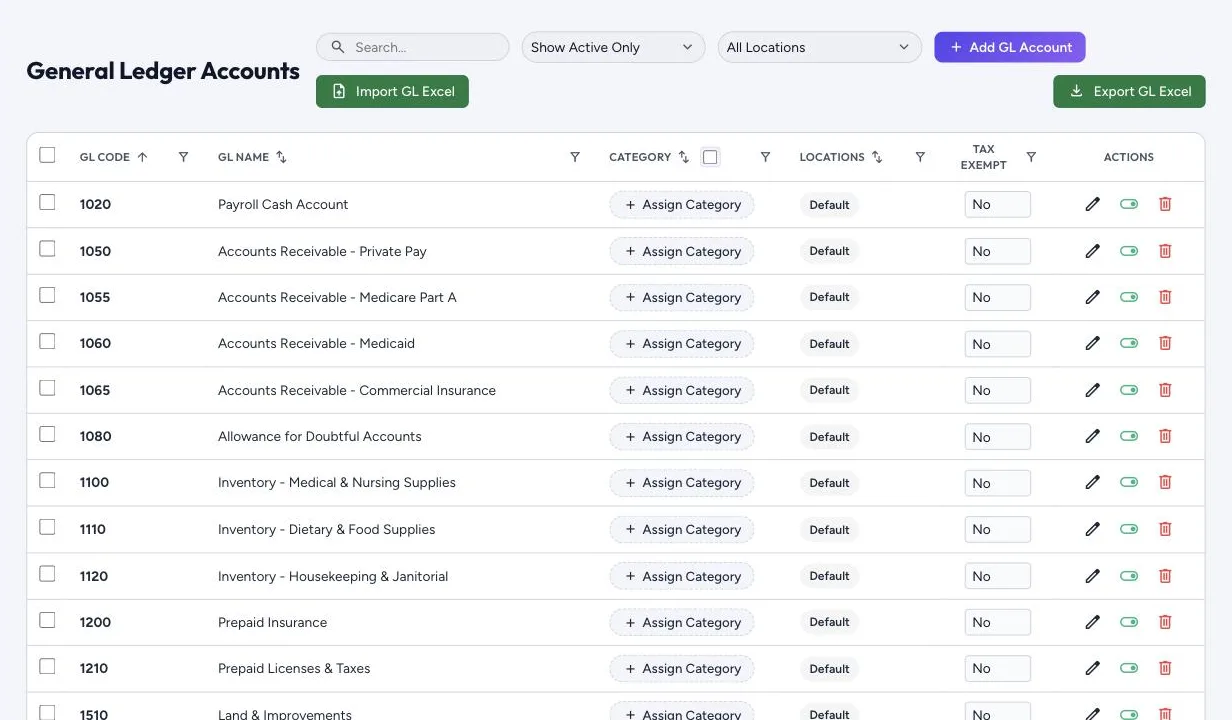 General Ledger Accounts, with import, export and category assignment