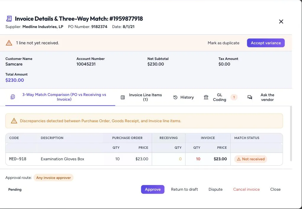 An invoice opened for review: purchase order, receiving and invoice side by side, with the line that is not yet received flagged