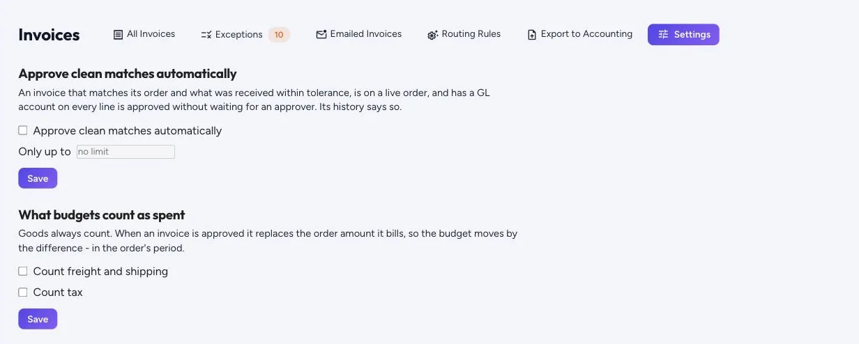 Invoice settings: automatic approval of clean matches, and what budgets count as spent