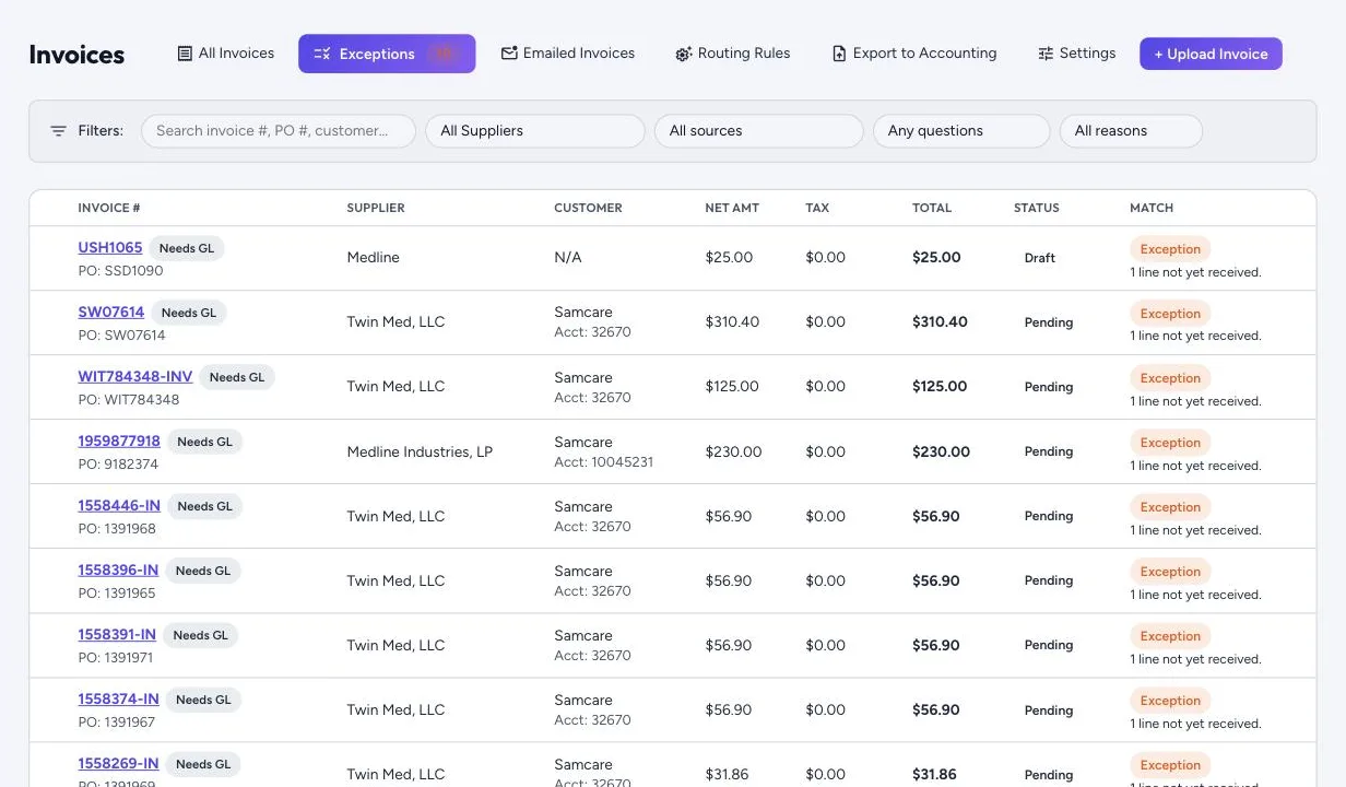 The Exceptions tab lists invoices that do not yet match their order