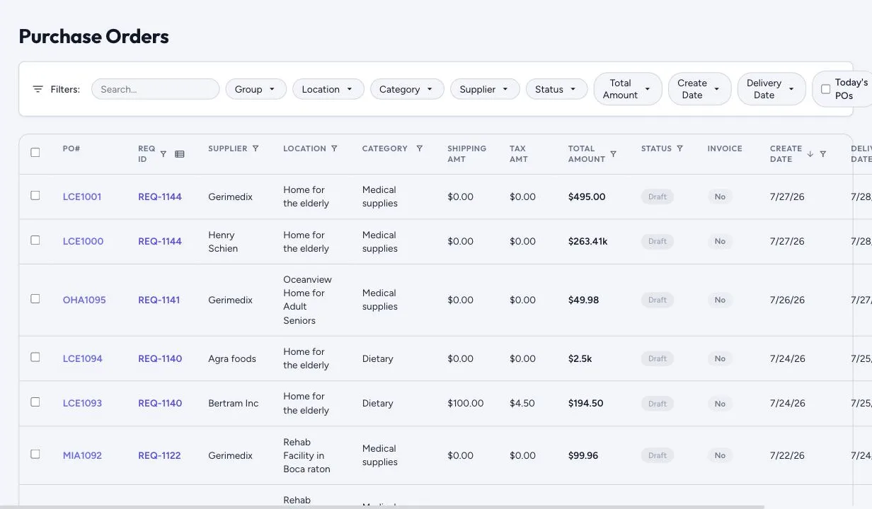 The purchase order list, with filters for supplier, location, category and status