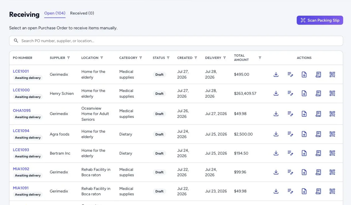 Open purchase orders to receive, with Scan Packing Slip at the top right