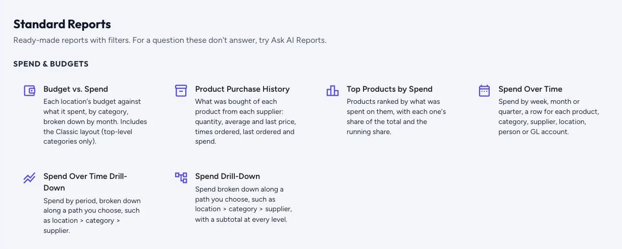 Standard Reports: ready-made spend and budget reports with filters