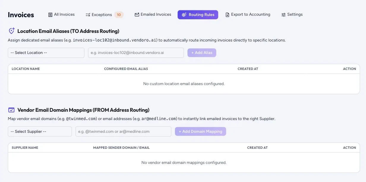Routing rules: location email aliases and supplier email domain mappings