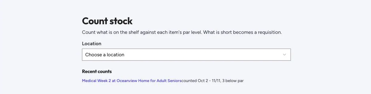 Count stock: choose a location, then count against par