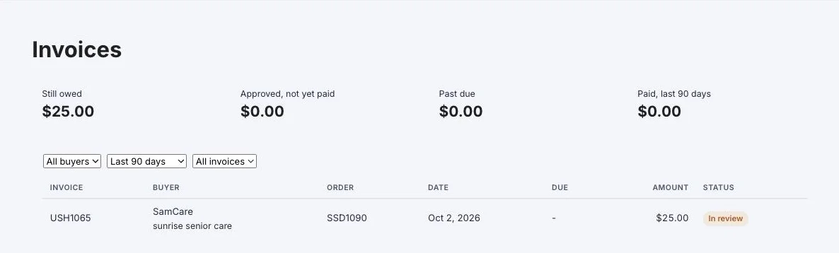 Invoices: what is still owed, approved, past due and paid, with each invoice’s status