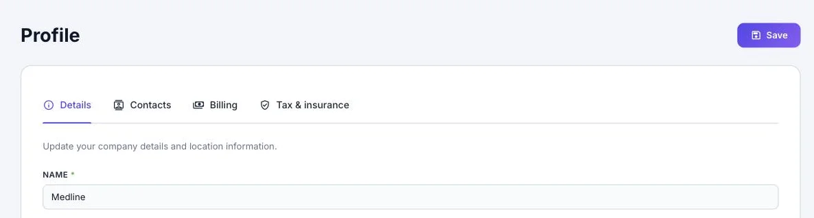 Profile: Details, Contacts, Billing, and Tax & insurance