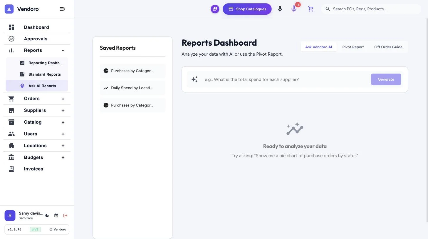 Ask AI Reports: type a question about your spend, with saved reports alongside