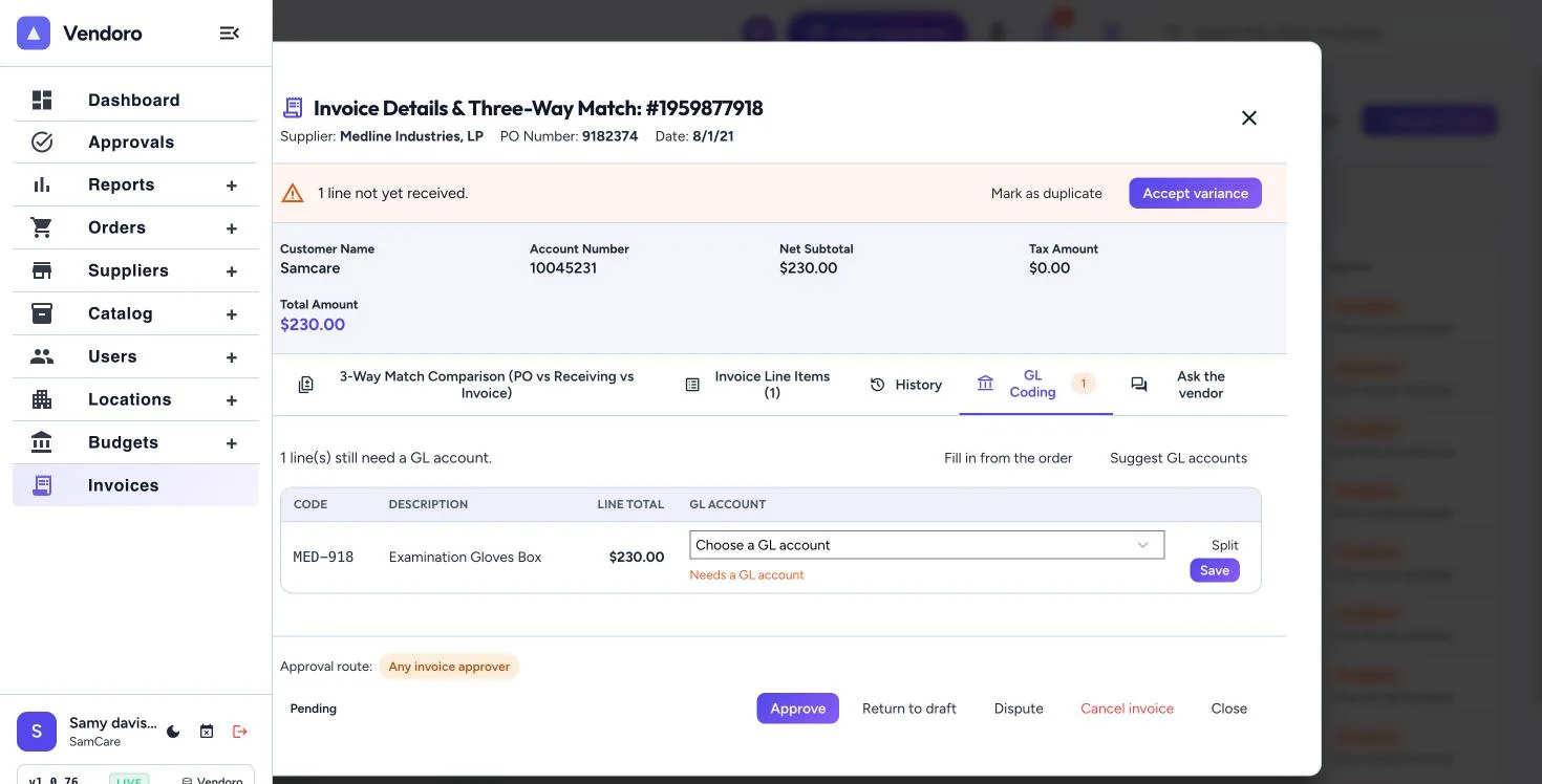 GL coding per invoice line
