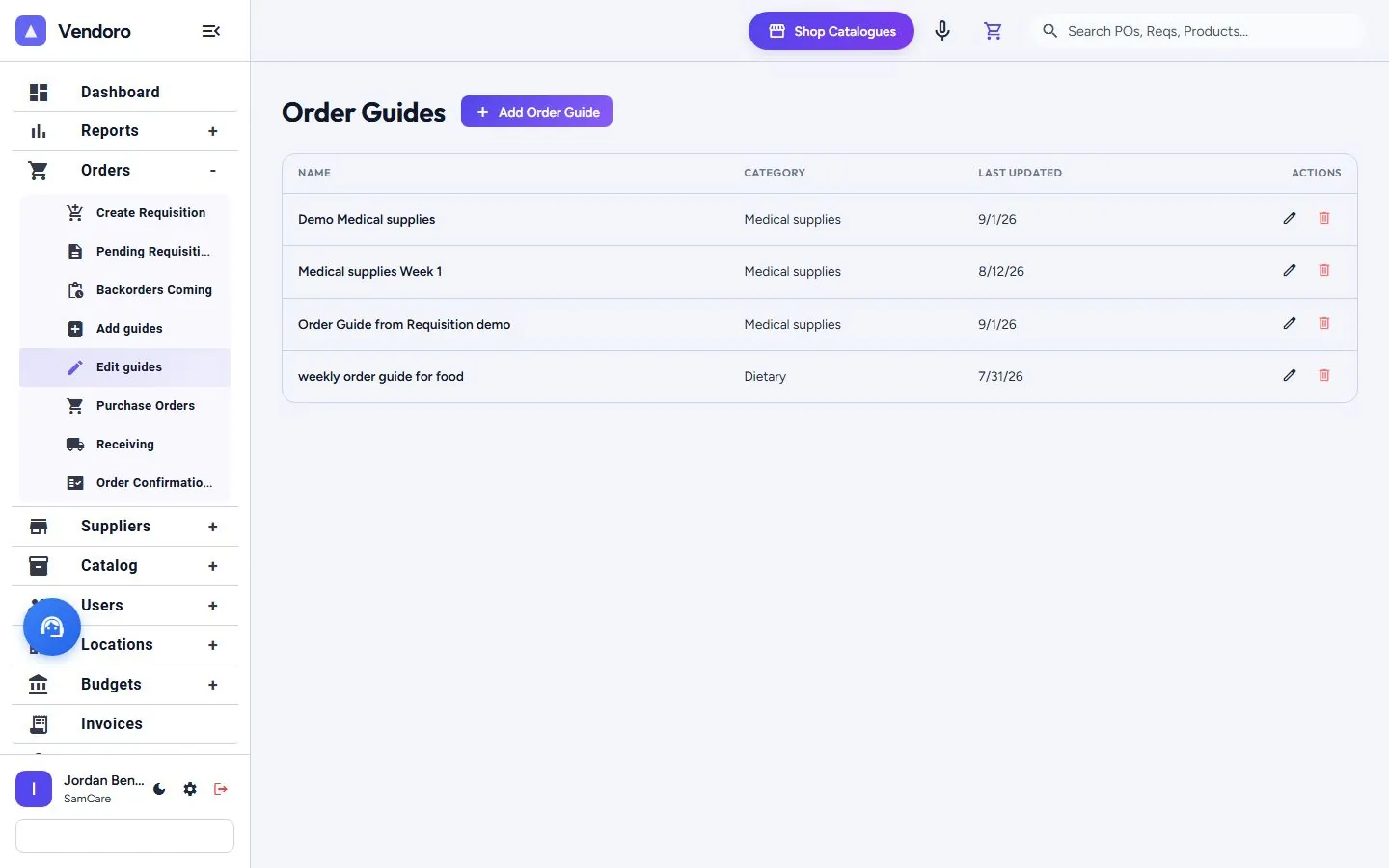 An order guide with par levels and default quantities