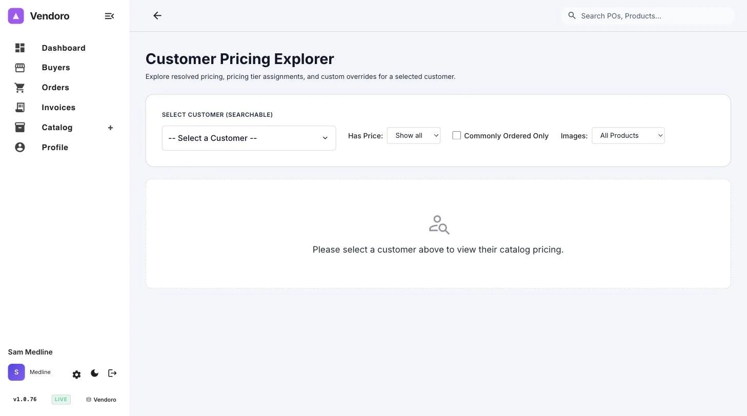 Customer Pricing Explorer: pick a buyer to see each product’s price and override it