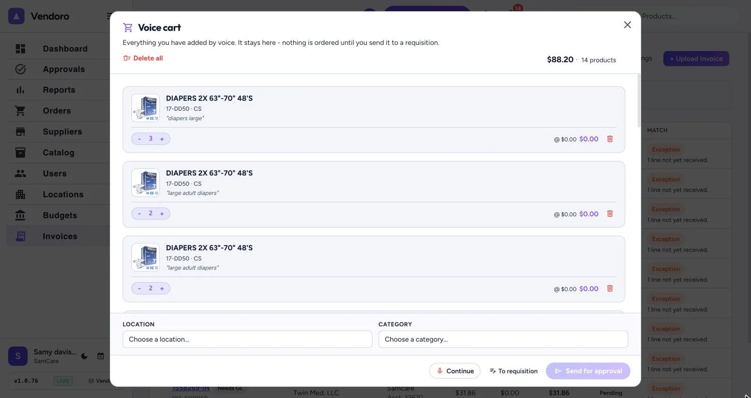 Spoken requests become catalog lines in the cart